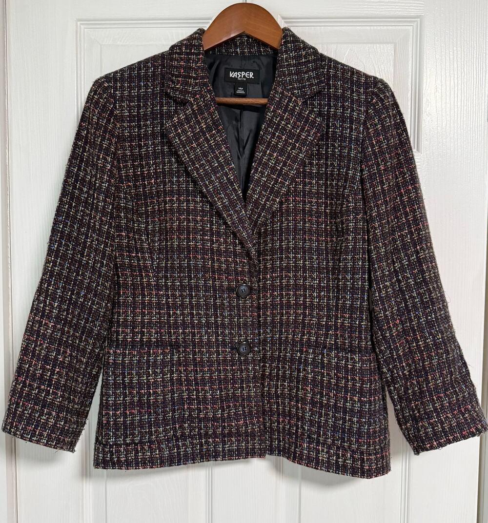 Kasper Women's Multicolor Tweed Button Front Blazer Jacket Size 14 Petite